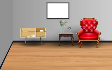 red chair and wooden table in the living room	