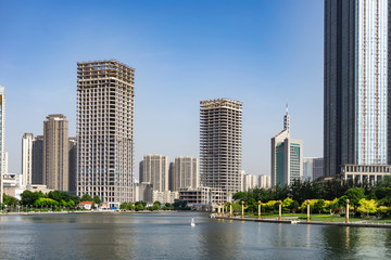 Fototapeta na wymiar Architectural landscape along Haihe River in Tianjin..