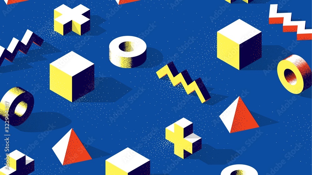Poster Abstract isometric 3D shapes with contrast shadows and dotwork texture on blue background