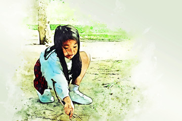 Beautiful kid girl writing and drawing on ground in holiday weekend on watercolor illustration painting background.