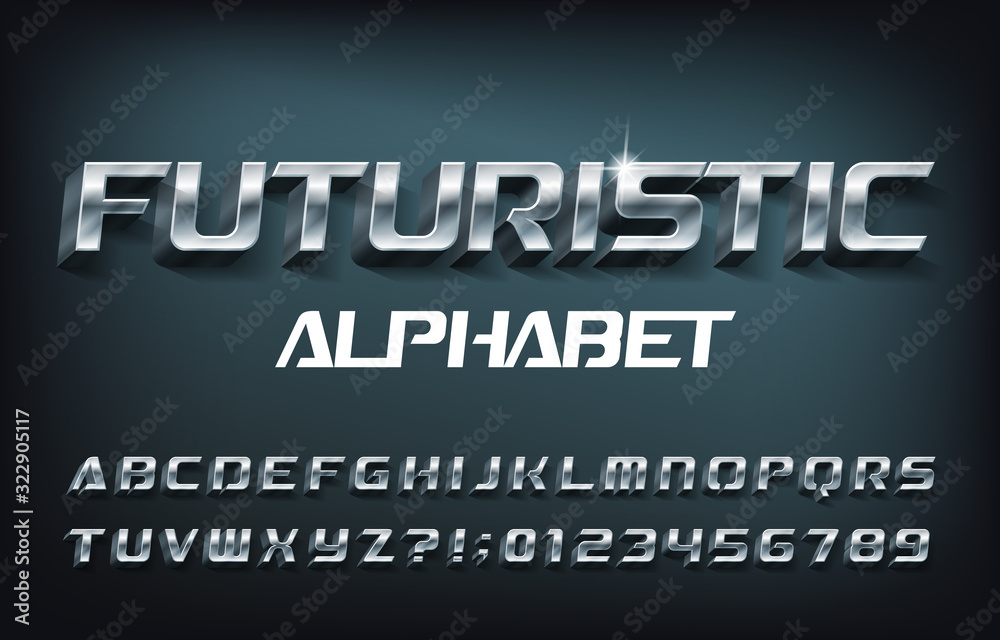 Fototapete futuristic alphabet font. 3d chrome letters and numbers with shadow. stock vector for your typograph