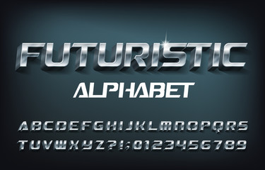 Futuristic alphabet font. 3D chrome letters and numbers with shadow. Stock vector for your typography design.