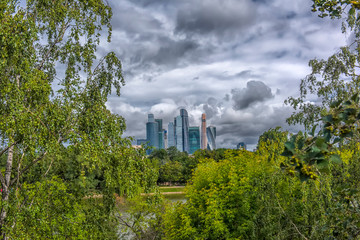 Obraz premium Skyscrapers Moscow city through the leaves of trees