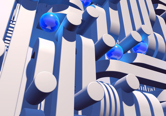 White industrial or technology abstraction with shiny blue balls and connection pipes. 3D illustration