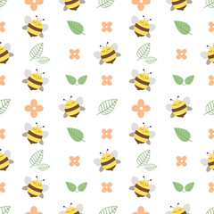 The pattern of cute bee and flower and left on the white background. The character of cute bee with pink flower and green leaf flat and line. The character of cute bee in flat vector style.