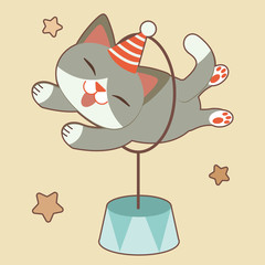 The character of cute cat jumping hoops on the yellow background and  star. The cute cat look enjoy with canival. The character of cute cat in flat vector style.