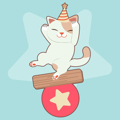 The character of cute cat playing with a big star ball in circus theme. The cute cat wear a party hat and standing on the ball on the blue background. The character of cute cat in flat vector style.