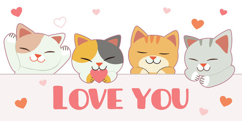 The character of cute cat with friends and label and heart. The character of cute cat say love you with heart in the white background. The character of cute cat in flat vector style.