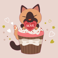 The character of cute cat sitting in the cupcake on the pink background. The character of cute cat in valentine day theme. The character of cute cat in flat vector style.