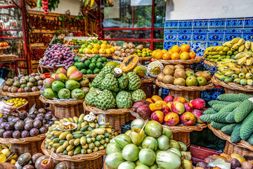 Fresh exotic fruits on famous market in Funchal Mercado dos Lavradores Madeira island, Portugal - 322907159