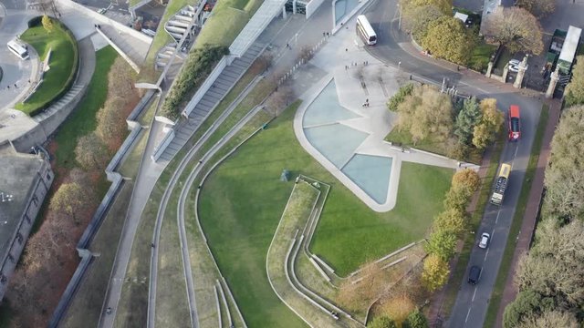Top down fly-over of the Holyrood Scottish Parliament and Gardens | Edinburgh, Scotland | 4K at 30fps