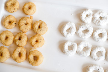 Thai Traditional Style Donut (Kanom Wong), homemade cooking deep fried in round shape tastes sweet and salty. Thai dessert