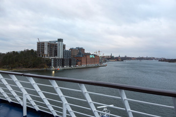 View of the city of Stockholm from the deck of a ship.