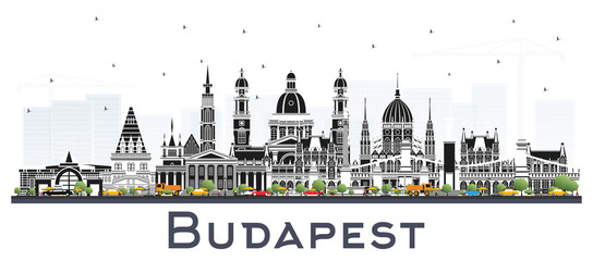 Obraz premium Panoramę miasta Budapeszt Węgry z szare budynki na białym tle.