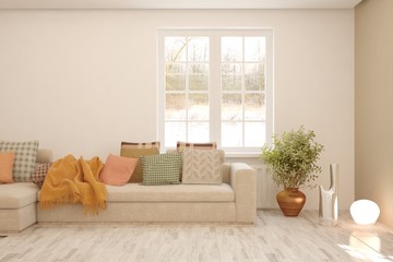 Stylish room in white color with sofa and winter landscape in window. Scandinavian interior design. 3D illustration