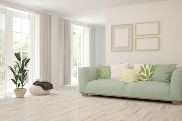 Stylish room in white color with sofa. Scandinavian interior design. 3D illustration