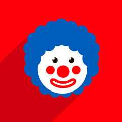 Funny Clown with blue hair wig. 1 April Fools day. Red background. Flat style.