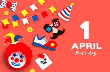 1 April Fools day. Funny Crazy Mask Glasses. Jester hat. Kick me prank paper sticker. Funny Clown, red wig. Clown shoes and bow in paper cut style on red. Space text.