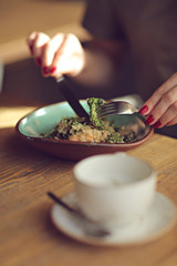 salad with salmon, quinoa, arugula and grapefruit. Crispy greens, tender fish and citrus acidity