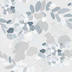 Hydrangea flowers, decorative berries and leaves. Seamless pattern. Garden plants vector illustration.