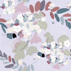 Hydrangea flowers, decorative berries and leaves. Seamless pattern. Garden plants vector illustration.