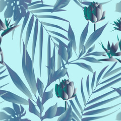 Lotus flowers surrounded by palm leaves seamless pattern. Vector illustration with tropical plants.