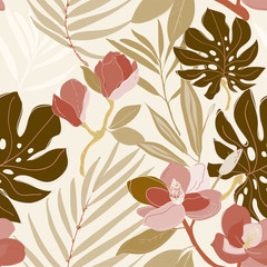Leaves, twigs and flowers artistic seamless pattern.