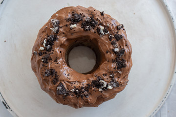 home made Chocolate Oreo Bundt Cake on a table