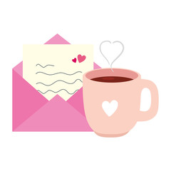 envelope mail with heart and cup coffee vector illustration design