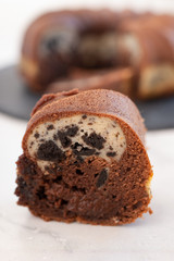 home made Chocolate Oreo Bundt Cake on a table