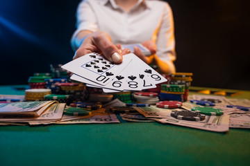 Playing online poker casinos, dollars, money and a lot of chips. Creative light. Screensaver for online gaming business