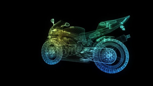 Motorcycle. Glowing Light Particles and lines Arranged in the Formation of Model motorcycle. Motion Animated 4k UHD.
