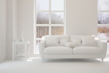 Mock up of stylish room in white color with sofa and winter landscape in window. Scandinavian interior design. 3D illustration