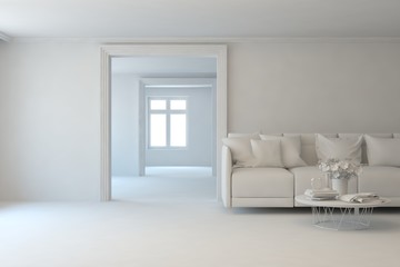 Mock up of stylish room in white color with sofa. Scandinavian interior design. 3D illustration