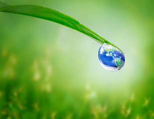 Earth in water drop under green leaf on natural green grass blur background, Earth day,  Water and environment concept, Elements of this image furnished by NASA