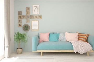 Stylish room in blue color with furniture and decor on a wall. Scandinavian interior design. 3D illustration