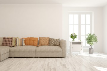 Stylish room in white color with sofa. Scandinavian interior design. 3D illustration