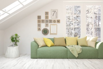 Stylish room in white color with sofa and summer landscape in window. Scandinavian interior design. 3D illustration