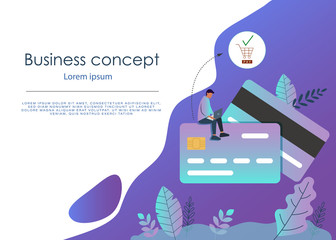 Banking business concept illustration of man sitting on credit cards and using computer for online banking and business. Flat businessmen with credit cards. Vector business background