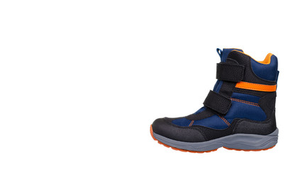 Blue and orange kids boots. Isolated on white.