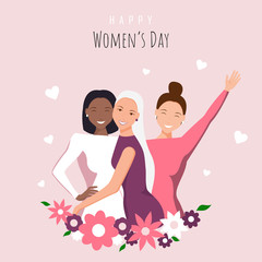 Obraz na płótnie Canvas Happy womens day illustration. March 8, International Women's Day. 8 march, Women's Day background, banners, Women's Day flyer, design. Happy girls hugging. African american woman. Love between the
