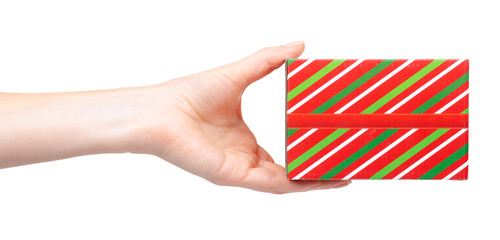 Red gift box, green stipes, Isolated on white.