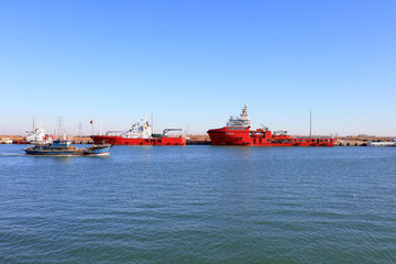 Ships moored at docks, Tangshan, China