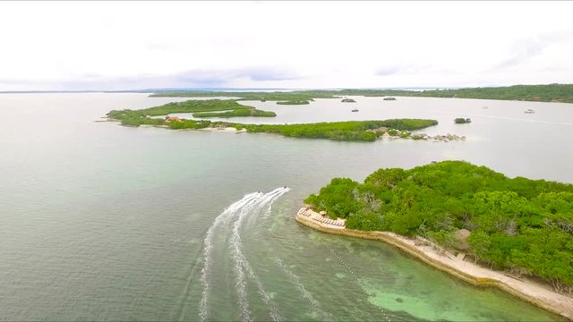 Aerial Shot of Party of Jetskis on Caribbean Blue Water