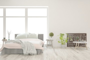 Stylish bedroom in white color. Scandinavian interior design. 3D illustration