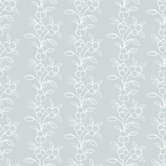 Vector seamless pattern with white vertical berry twigs on gray background; abstract natural design for fabric, wallpaper, packages, textile, wrapping paper, greeting cards, web design.