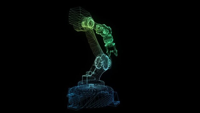 Industrial robot. Glow points and line formation of 3d robot hand. Rotating. Seamless loop 4k animation. Digital technology visualization of 3d.
