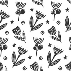 Decorative flowers background, foliage vector. Seamless pattern image.