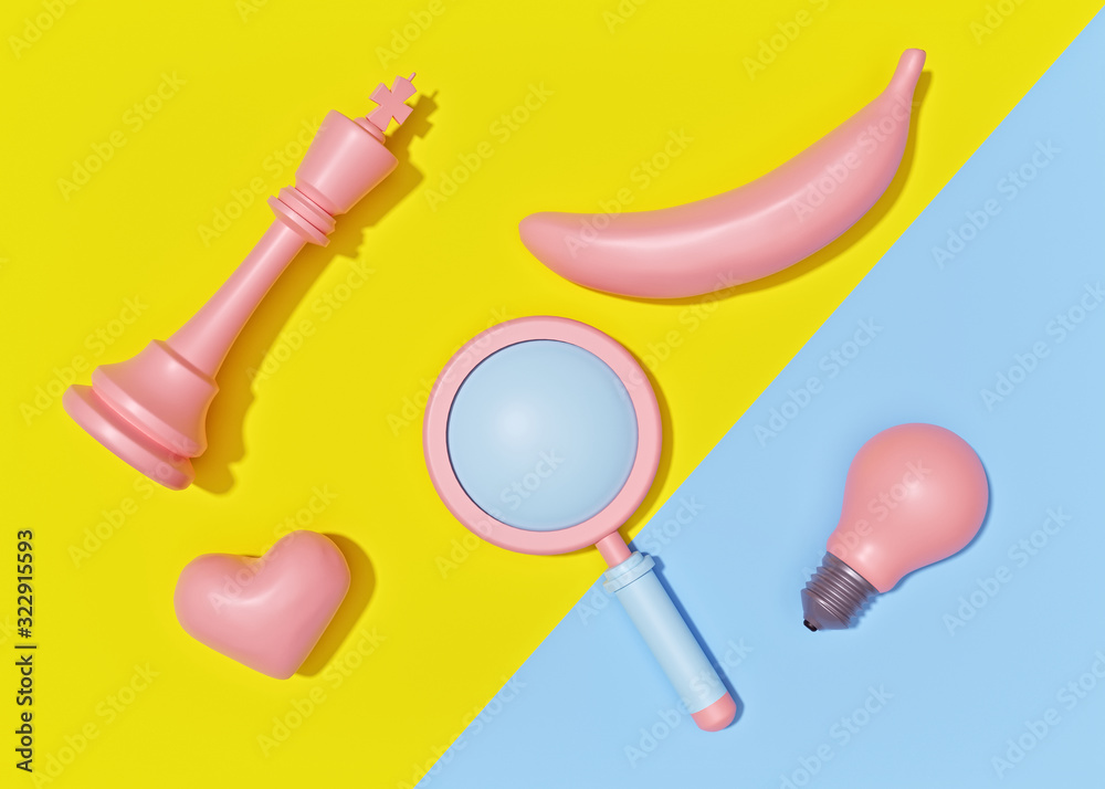 Poster random objects on a bright yellow and blue background. minimal style. top view. 3d rendering