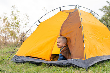 Little boy in a tent. Camping in the nature.